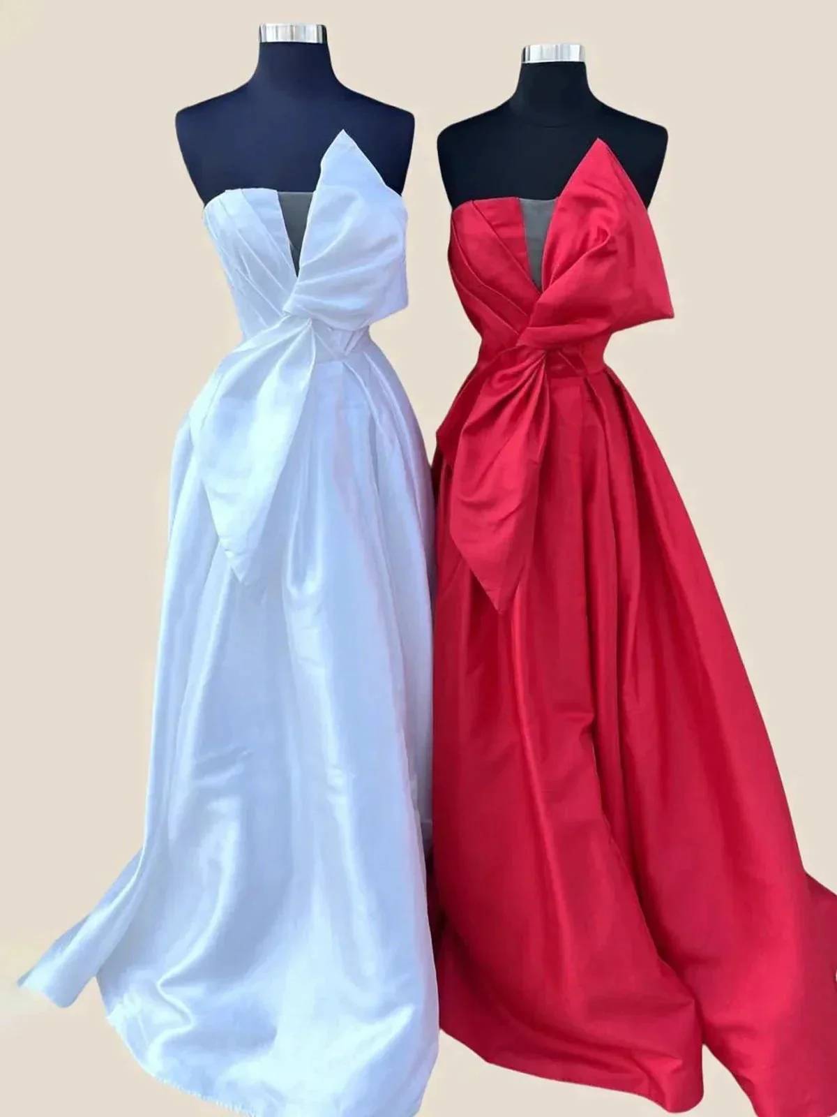 Edgar | Strapless White Satin A-line Long Formal Dress with Bow - Image 7