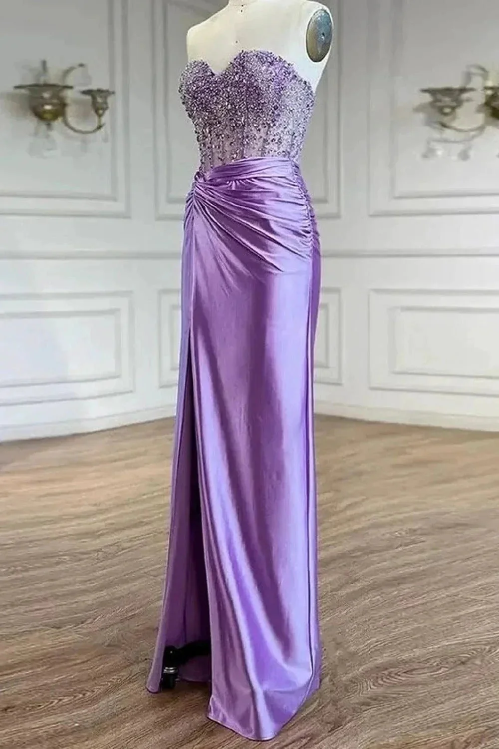 Eirene | Purple Sweetheart Mermaid Satin Long Prom Dress with Beading - Image 3