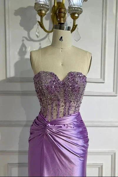 Eirene | Purple Sweetheart Mermaid Satin Long Prom Dress with Beading - Image 4