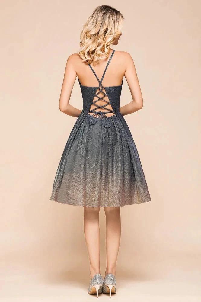 Elagant Spaghetti Straps Bronzing Knee Length Evening Party Dress Deep V-Neck Backless Prom Dress with Pocket - Image 2