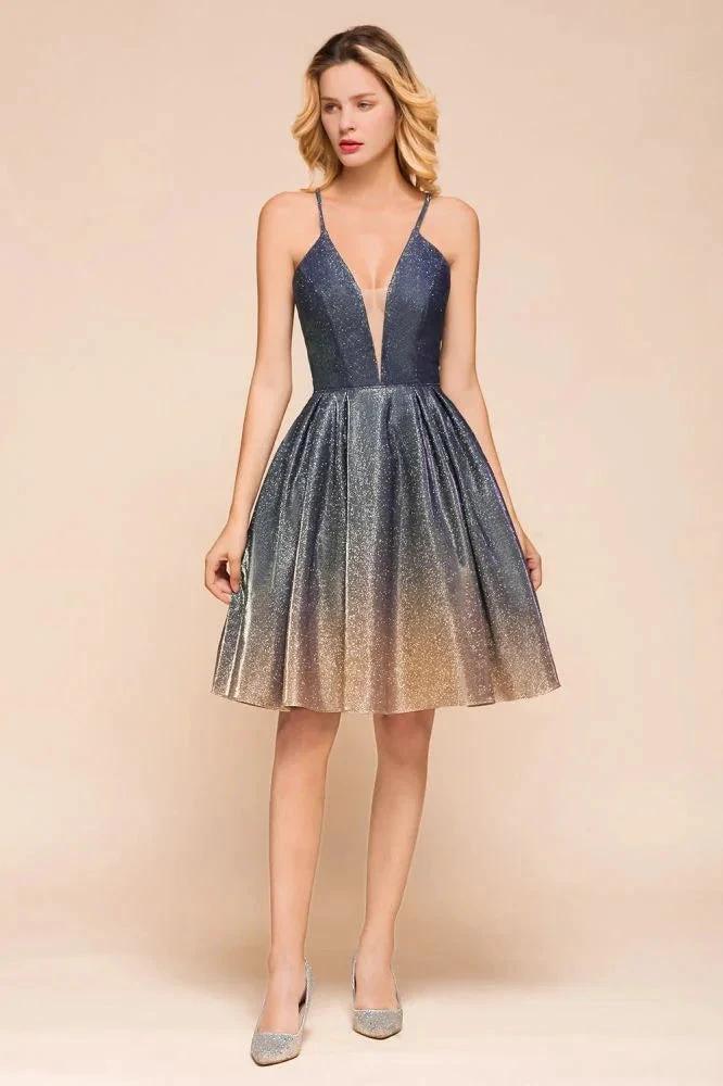 Elagant Spaghetti Straps Bronzing Knee Length Evening Party Dress Deep V-Neck Backless Prom Dress with Pocket - Image 3