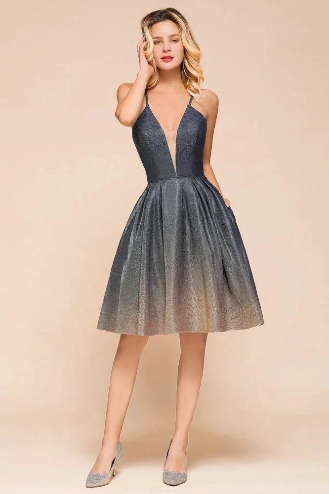 Elagant Spaghetti Straps Bronzing Knee Length Evening Party Dress Deep V-Neck Backless Prom Dress with Pocket - Image 5