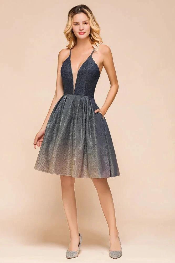 Elagant Spaghetti Straps Bronzing Knee Length Evening Party Dress Deep V-Neck Backless Prom Dress with Pocket - Image 7