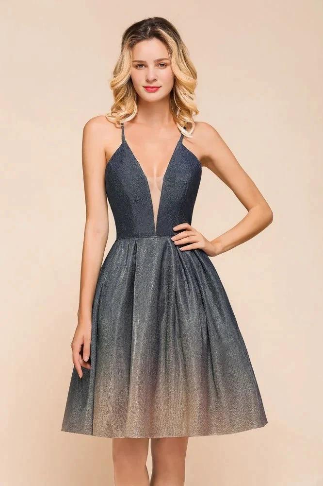 Elagant Spaghetti Straps Bronzing Knee Length Evening Party Dress Deep V-Neck Backless Prom Dress with Pocket - Image 8