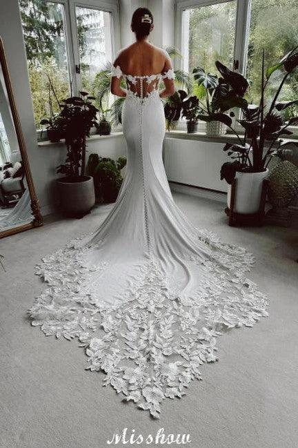 Eleagnt Long White Mermaid Off-the-shoulder Lace Wedding Dress with Train - Image 2