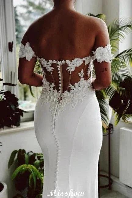 Eleagnt Long White Mermaid Off-the-shoulder Lace Wedding Dress with Train - Image 4