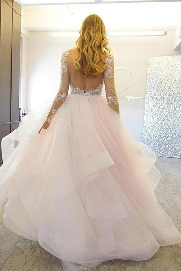 Elegant A-Line Long Sleeves Tulle Wedding Dresses With Appliques WD036 - Image 2