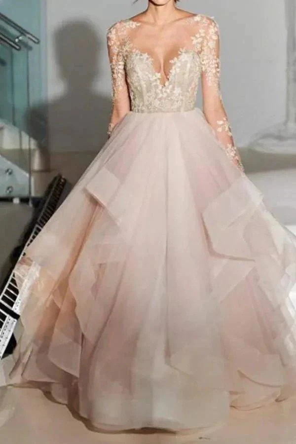 Elegant A-Line Long Sleeves Tulle Wedding Dresses With Appliques WD036 - Image 3