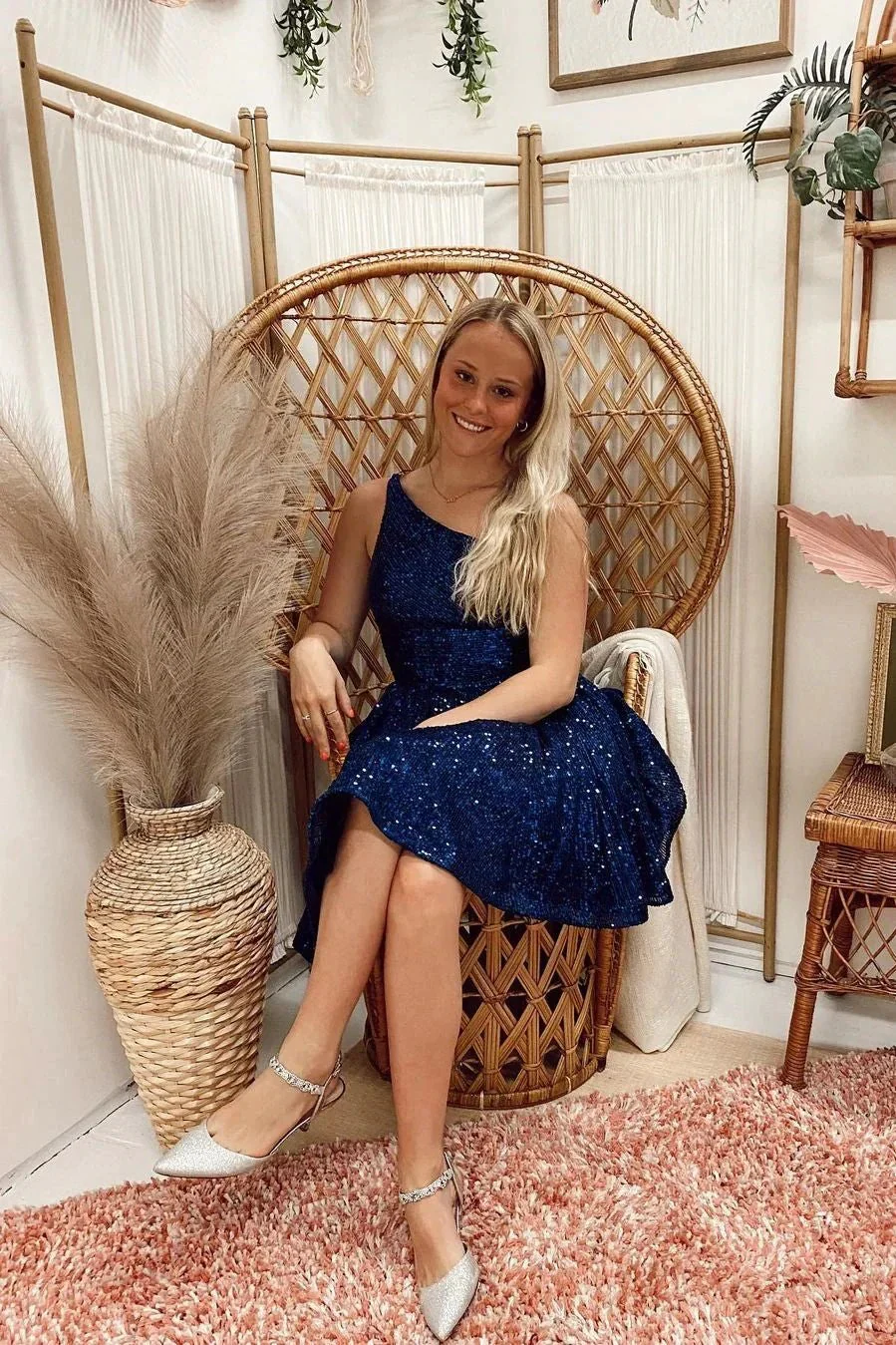 Elegant A-line Blue One Shoulder Sleeveless Short Homecoming Dresses - Image 3