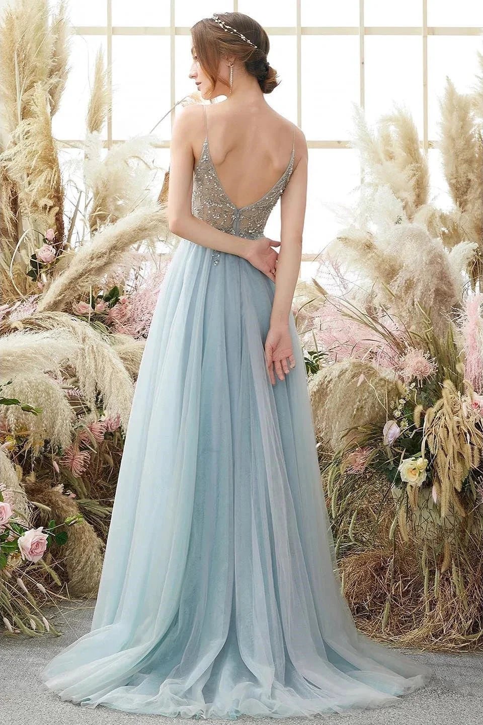 Elegant A-line Blue V-neck Spaghetti Straps Split Front Beading Prom Dress - Image 2