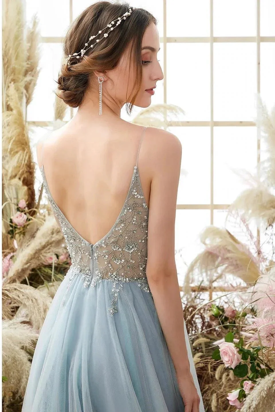 Elegant A-line Blue V-neck Spaghetti Straps Split Front Beading Prom Dress - Image 4