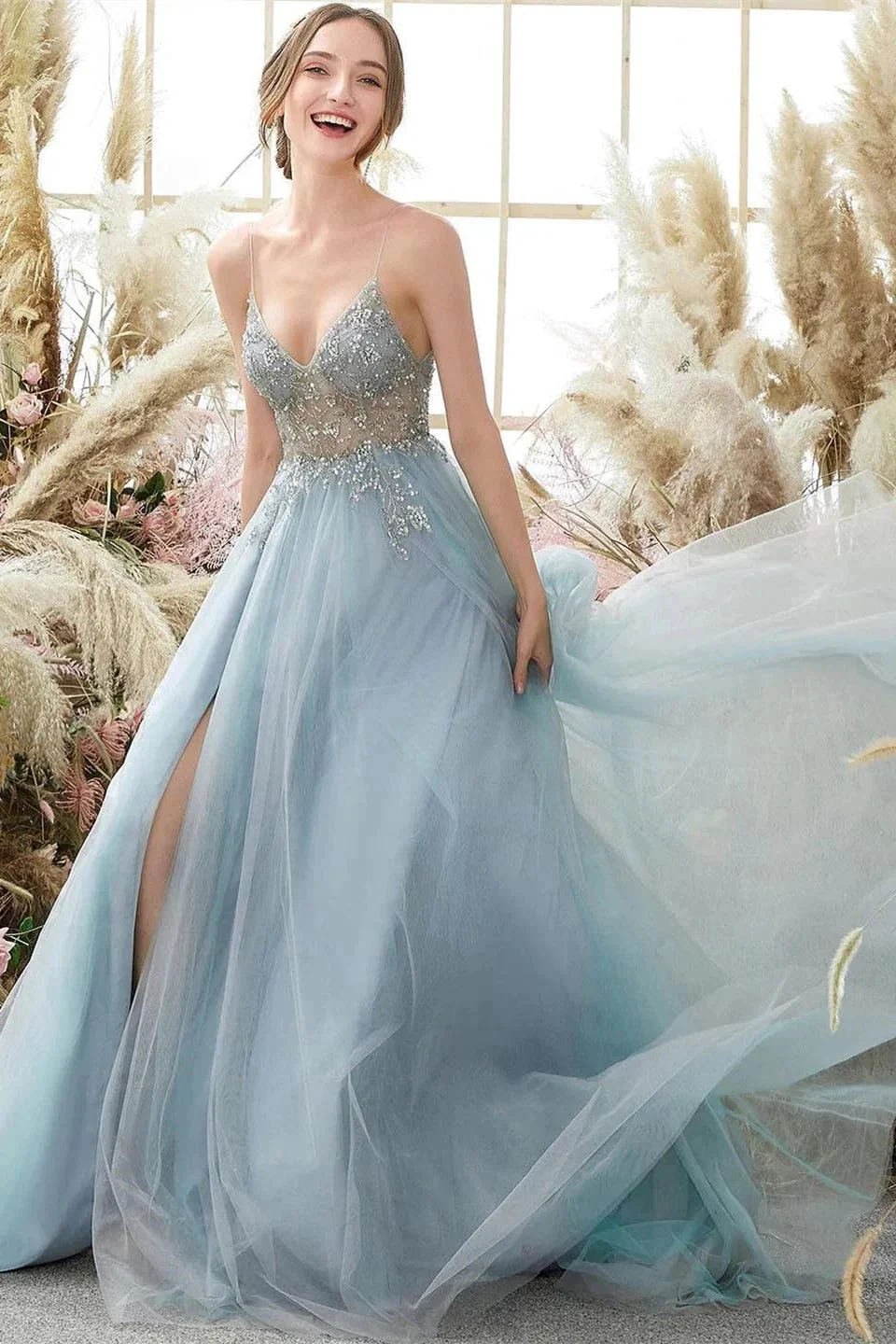 Elegant A-line Blue V-neck Spaghetti Straps Split Front Beading Prom Dress - Image 6