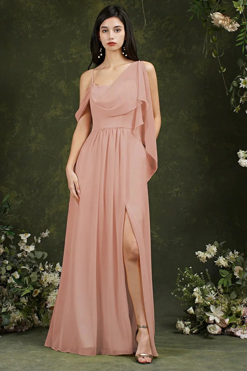 Elegant A-line Chiffon Ruffles Floor-length Split Bridesmaid Dress With Pockets - Image 3