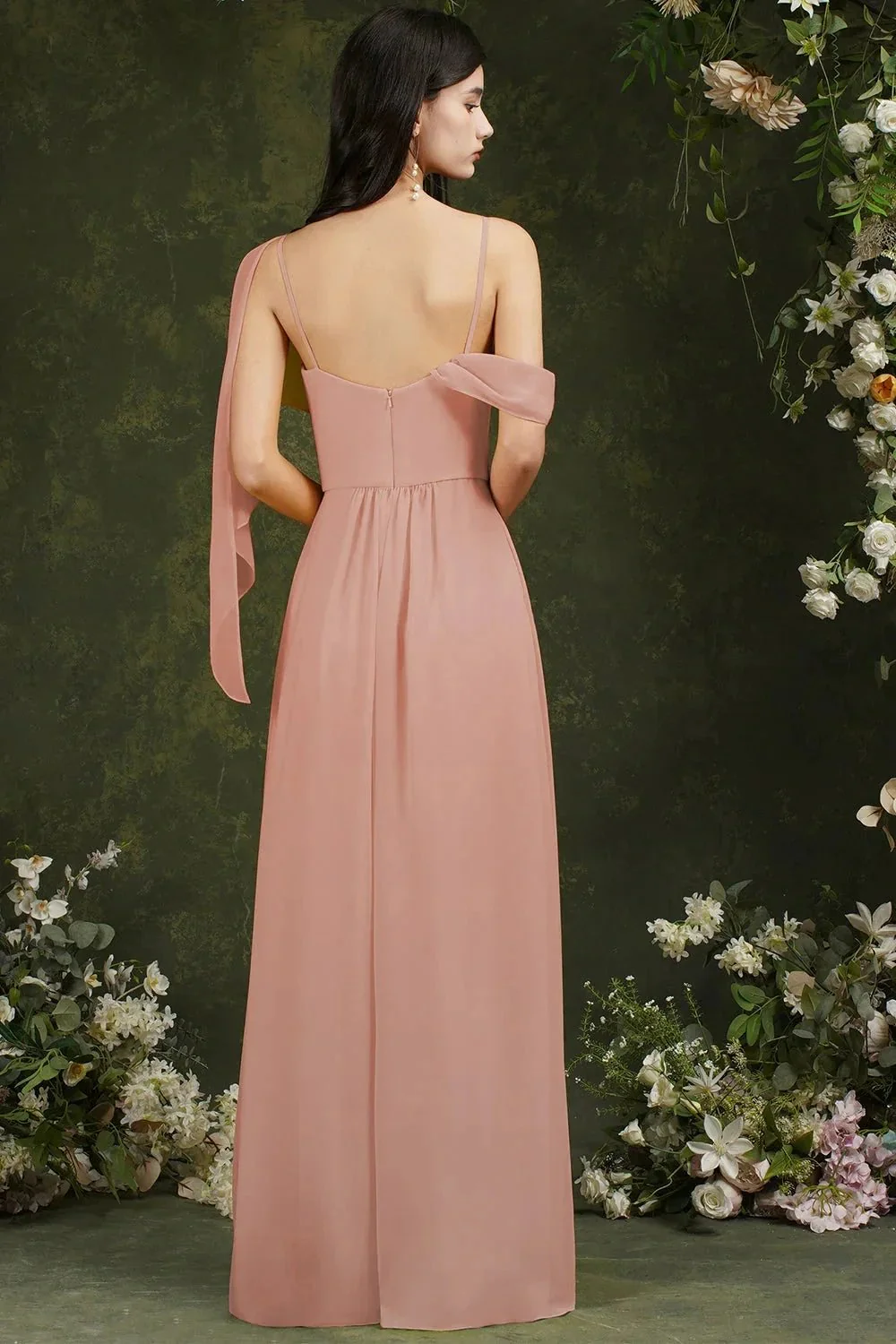 Elegant A-line Chiffon Ruffles Floor-length Split Bridesmaid Dress With Pockets - Image 4