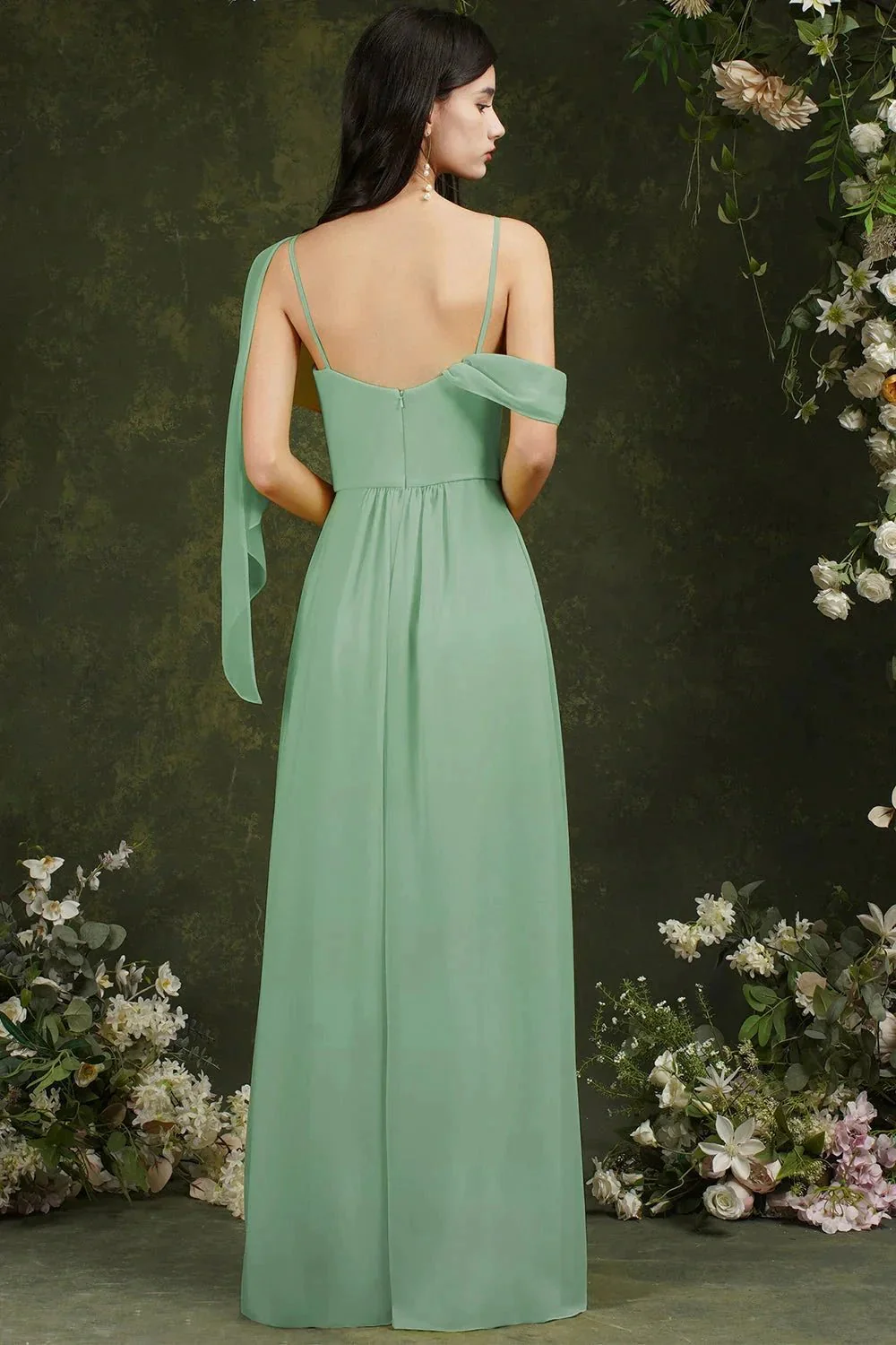Elegant A-line Chiffon Ruffles Floor-length Split Bridesmaid Dress With Pockets - Image 6