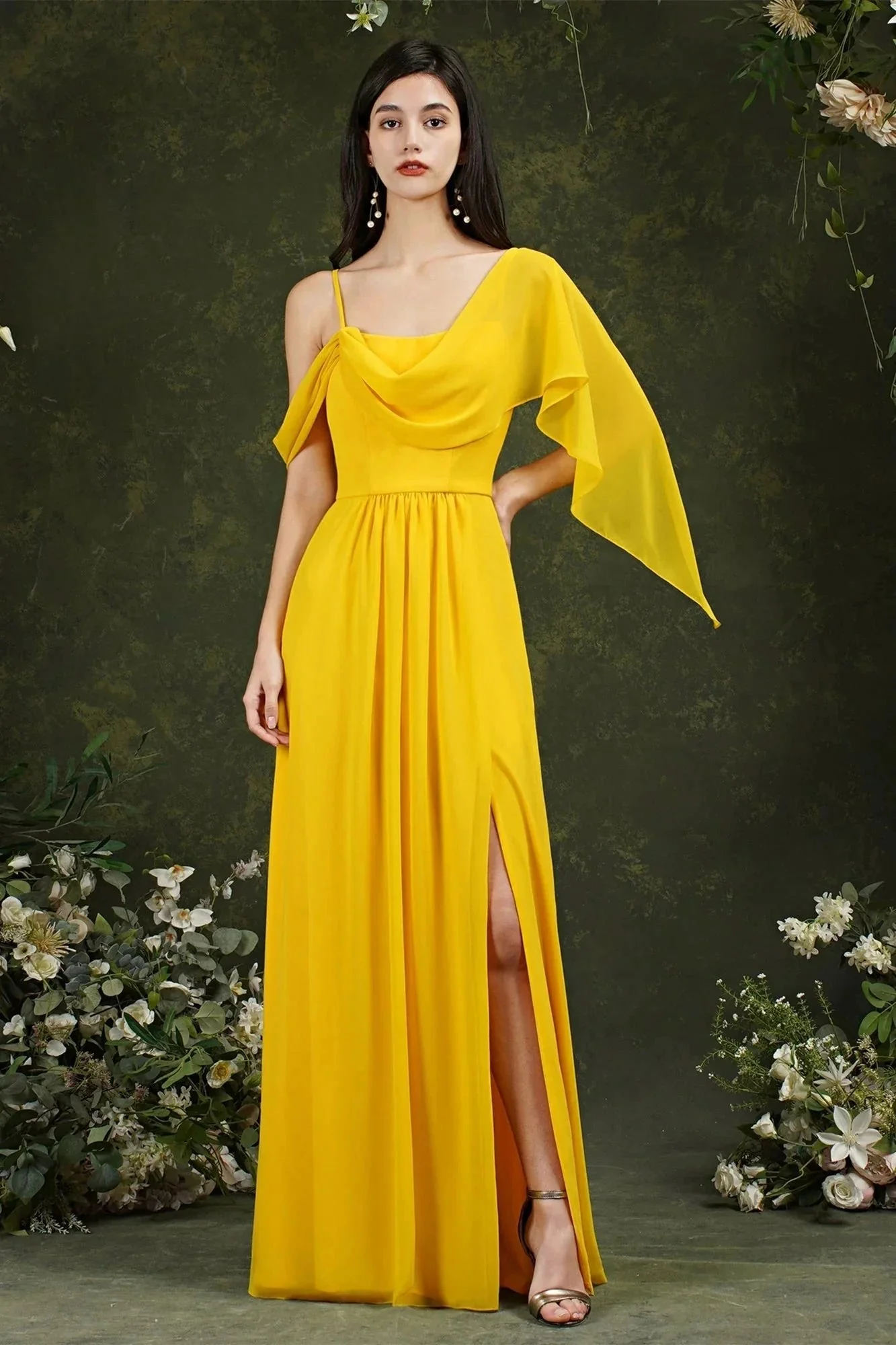 Elegant A-line Chiffon Ruffles Floor-length Split Bridesmaid Dress With Pockets - Image 7
