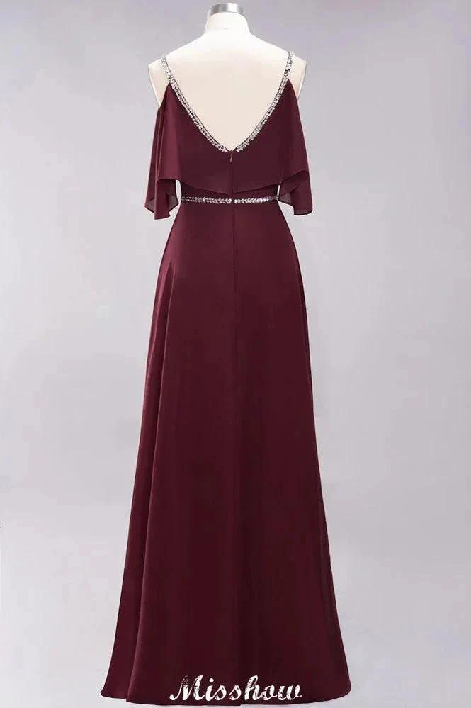 elegant A-line Chiffon V-Neck Spaghetti Straps Sleeveless Floor-Length Bridesmaid Dresses with Beading - Image 2