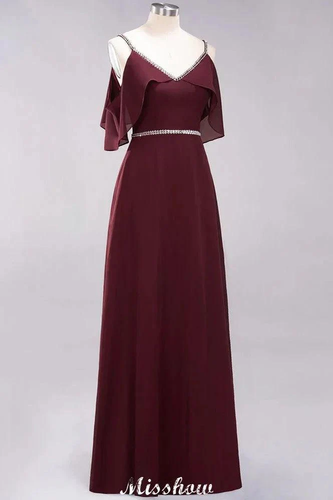 elegant A-line Chiffon V-Neck Spaghetti Straps Sleeveless Floor-Length Bridesmaid Dresses with Beading - Image 3