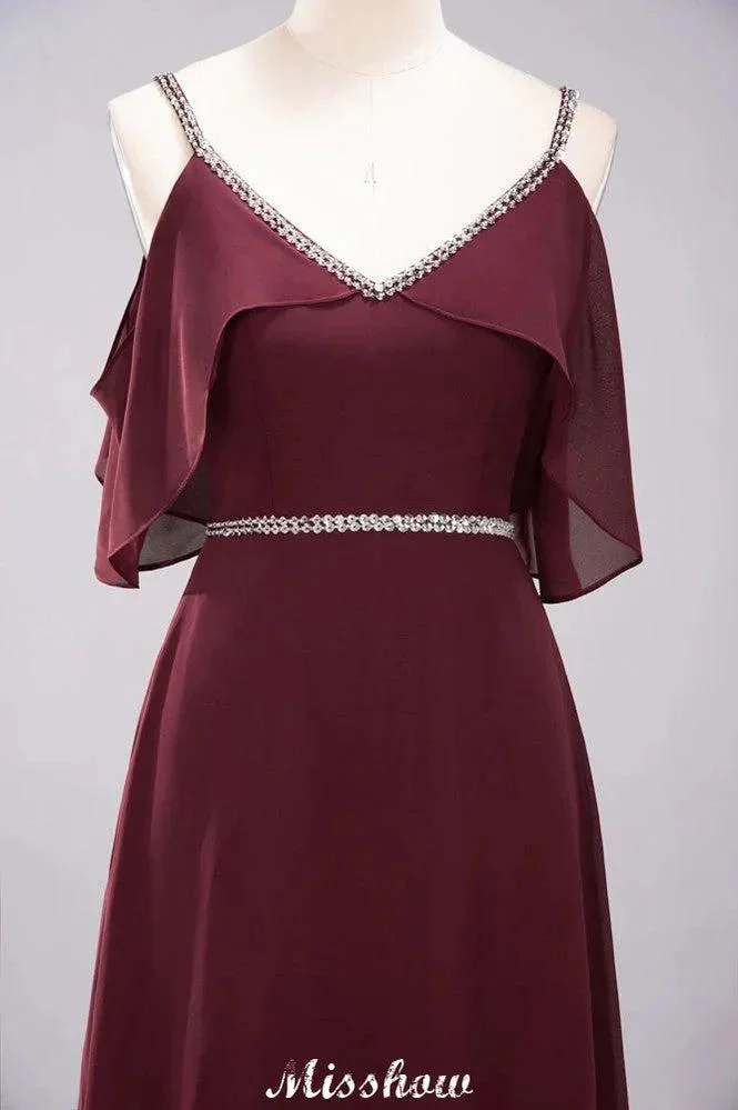 elegant A-line Chiffon V-Neck Spaghetti Straps Sleeveless Floor-Length Bridesmaid Dresses with Beading - Image 4