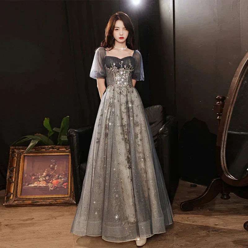 Elegant A-Line Grey Tulle Short Sleeves Long Party Dress, Grey Evening Dress Y1507 - Image 2
