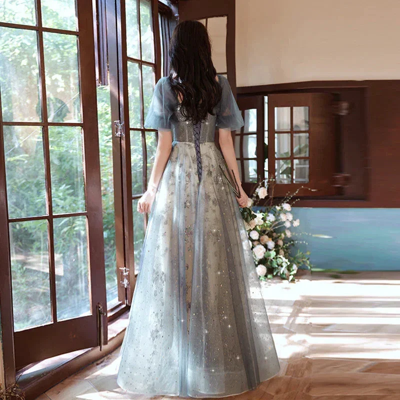 Elegant A-Line Grey Tulle Short Sleeves Long Party Dress, Grey Evening Dress Y1507 - Image 3
