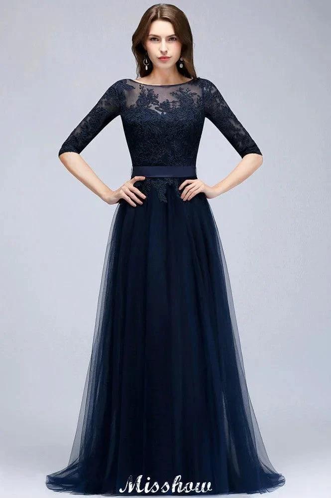 Elegant A-Line Half-Sleeves Lace Appliques Dark Navy Bridesmaid Dresses - Image 2