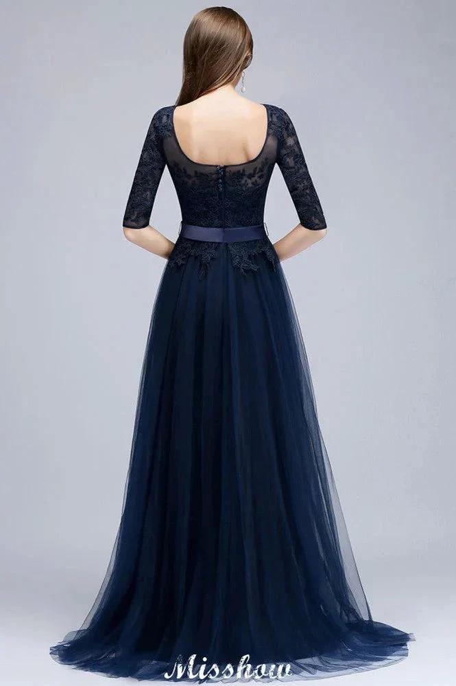 Elegant A-Line Half-Sleeves Lace Appliques Dark Navy Bridesmaid Dresses - Image 3