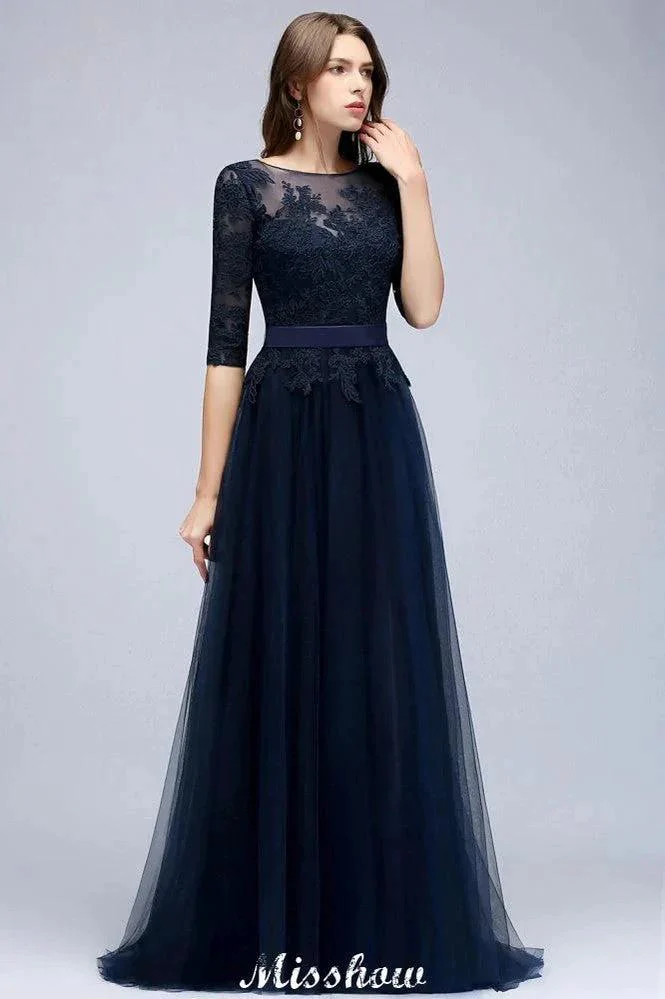 Elegant A-Line Half-Sleeves Lace Appliques Dark Navy Bridesmaid Dresses - Image 4