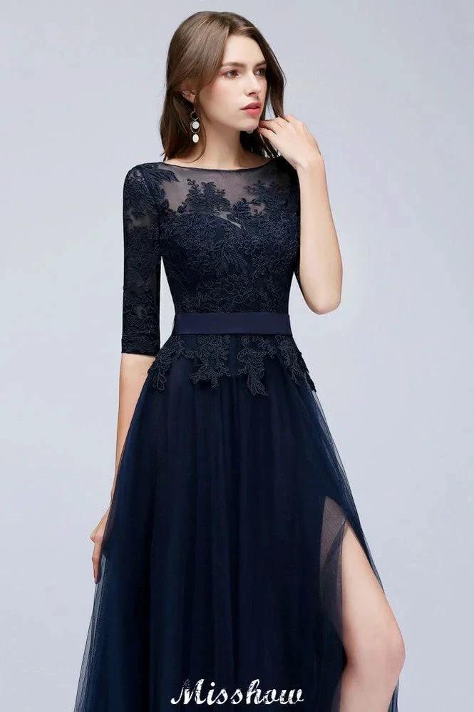 Elegant A-Line Half-Sleeves Lace Appliques Dark Navy Bridesmaid Dresses - Image 5