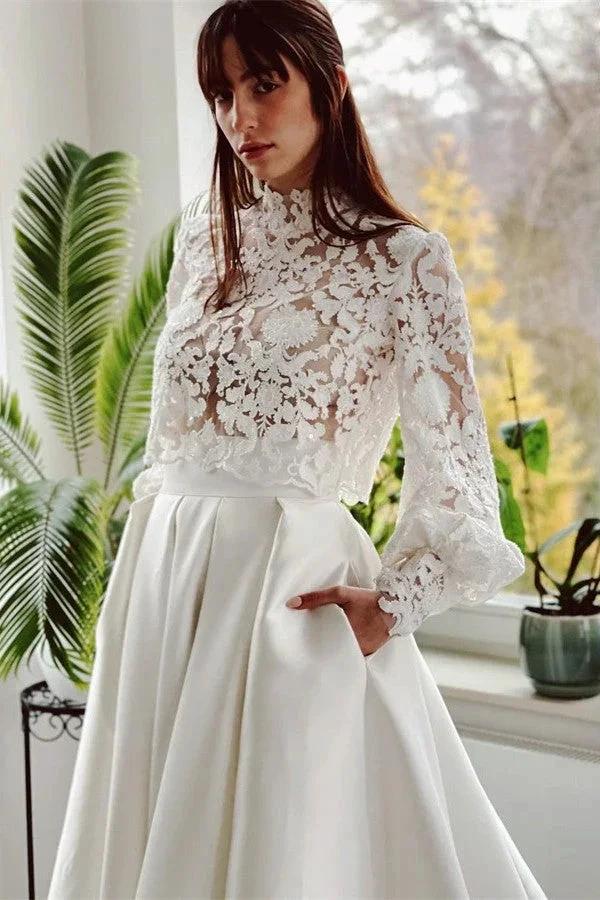 Elegant A-line High Neck Satin Lace Long Sleeves Wedding Dress with Pockets - Image 3