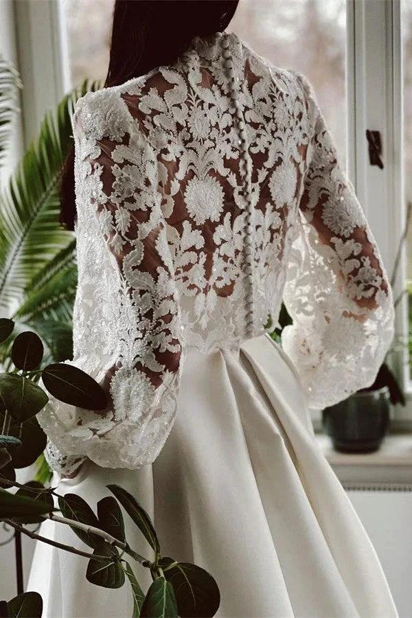 Elegant A-line High Neck Satin Lace Long Sleeves Wedding Dress with Pockets - Image 4