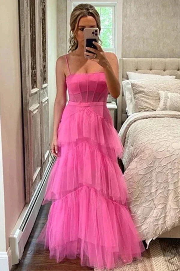 Elegant A-Line Hot Pink Tiered Tulle Long Prom Dress Evening Dress Y1594 - Image 2