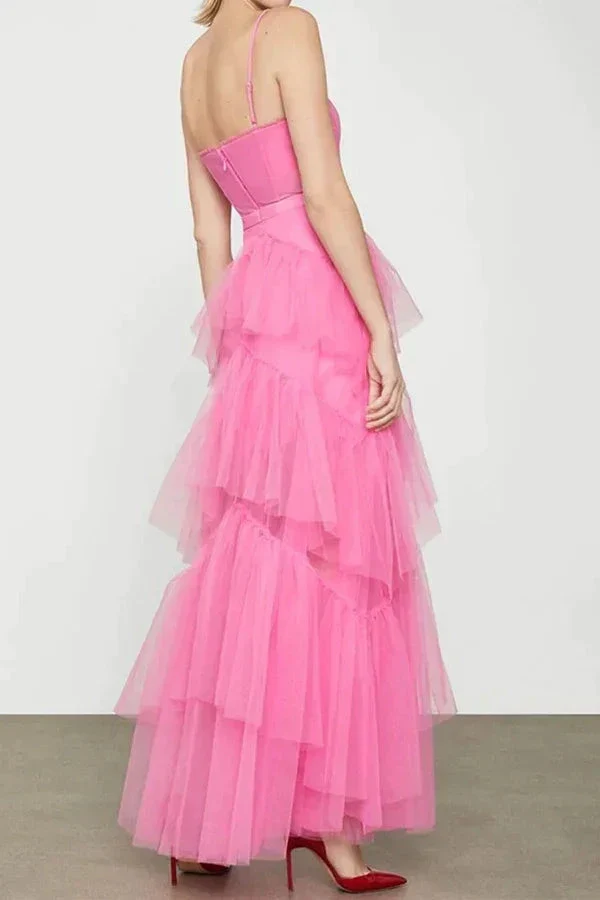 Elegant A-Line Hot Pink Tiered Tulle Long Prom Dress Evening Dress Y1594 - Image 3