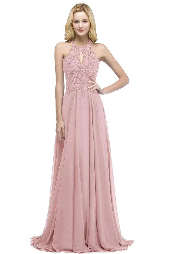 Elegant A-line Keyhole Neckline Halter Long Beading Prom Dresses - Image 2