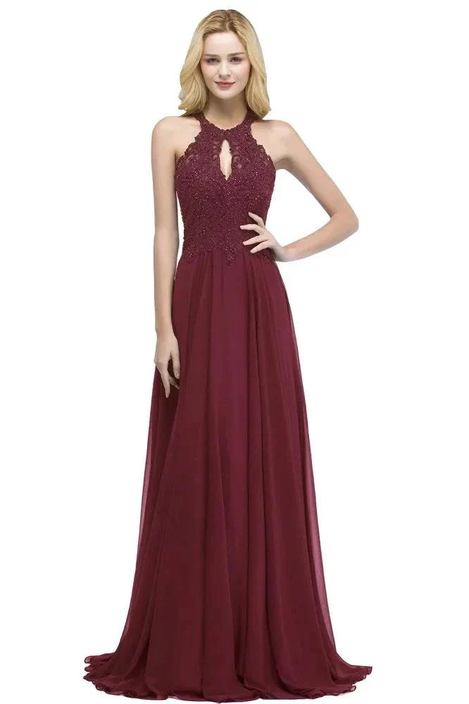 Elegant A-line Keyhole Neckline Halter Long Beading Prom Dresses - Image 3