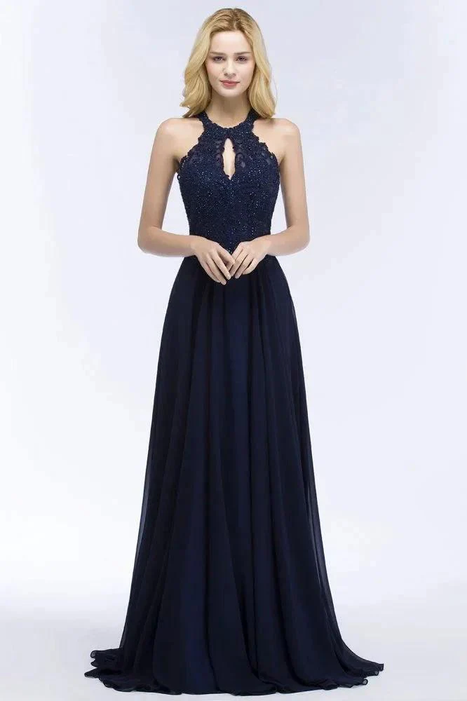 Elegant A-line Keyhole Neckline Halter Long Beading Prom Dresses - Image 4