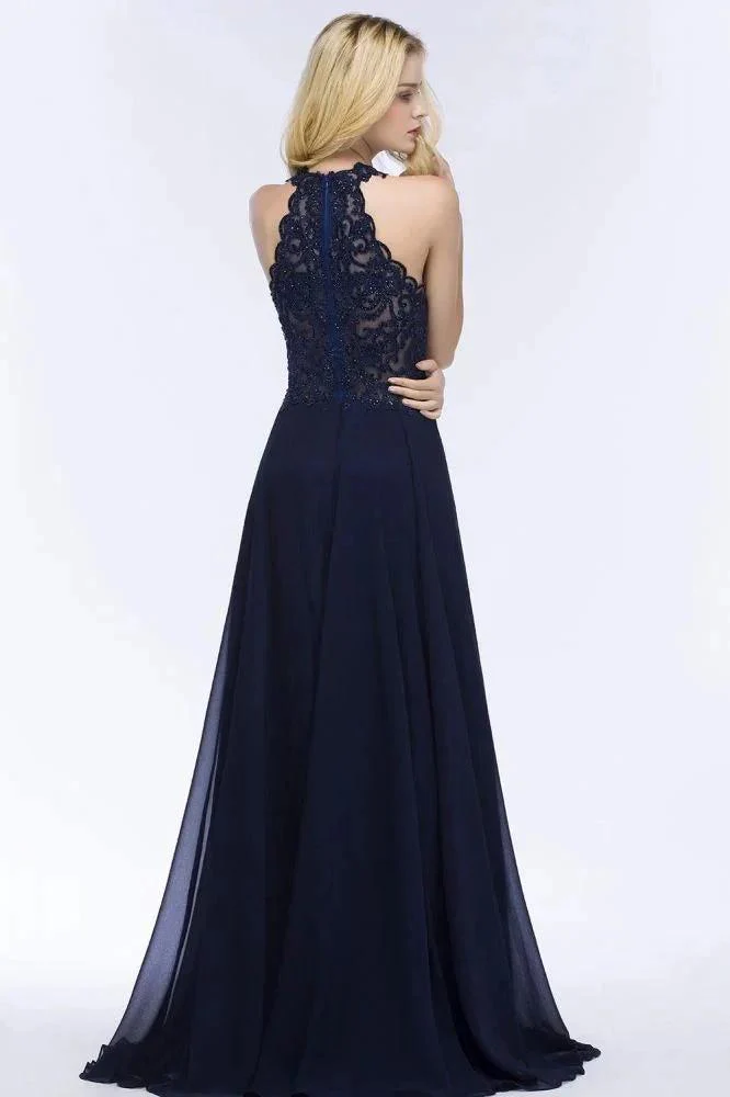 Elegant A-line Keyhole Neckline Halter Long Beading Prom Dresses - Image 5