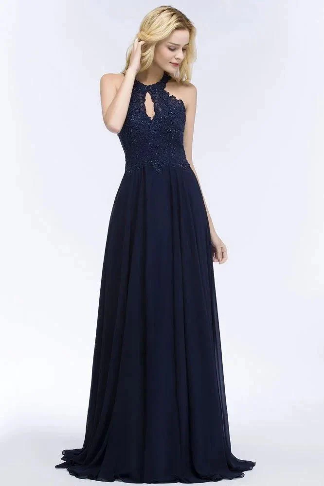 Elegant A-line Keyhole Neckline Halter Long Beading Prom Dresses - Image 6