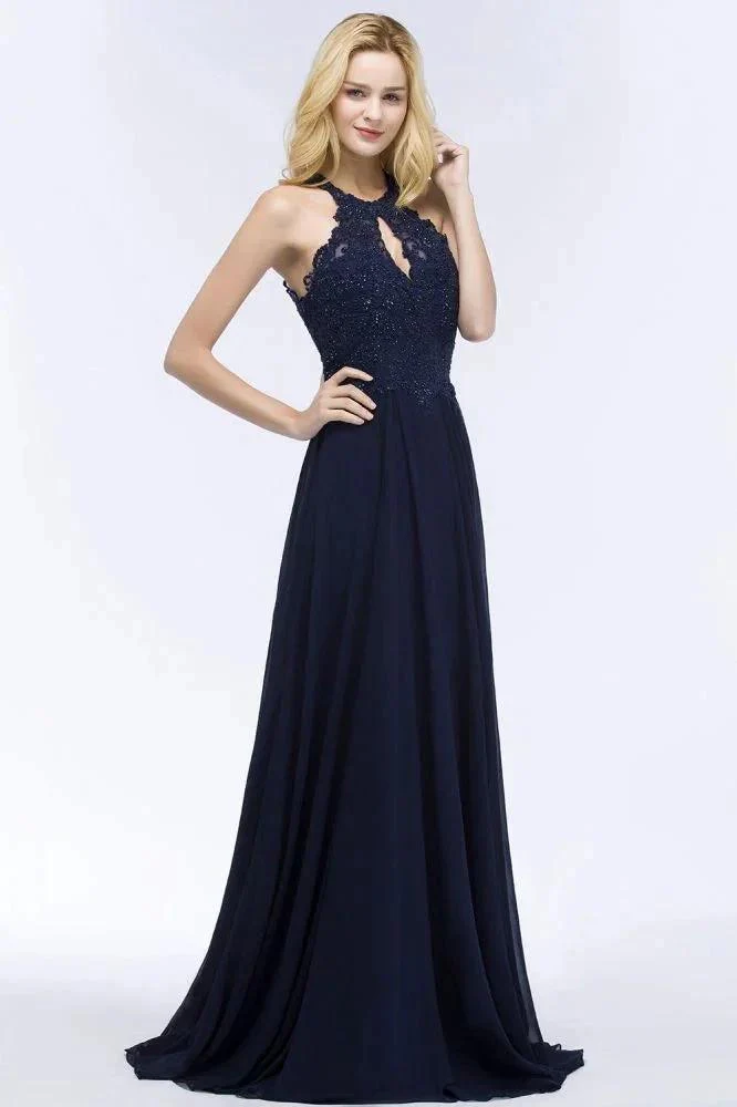 Elegant A-line Keyhole Neckline Halter Long Beading Prom Dresses - Image 7