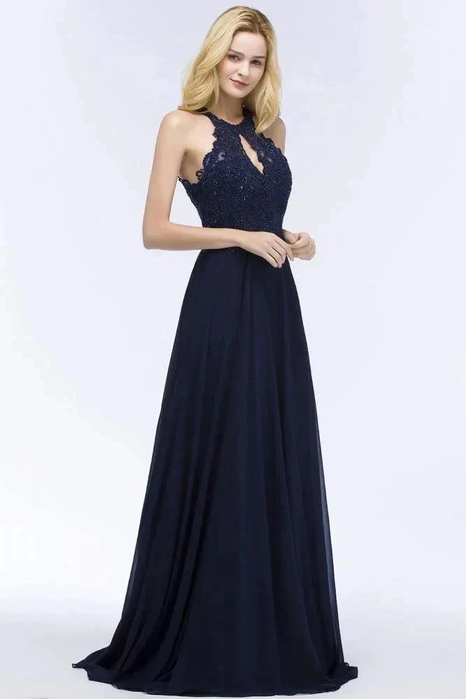Elegant A-line Keyhole Neckline Halter Long Beading Prom Dresses - Image 9