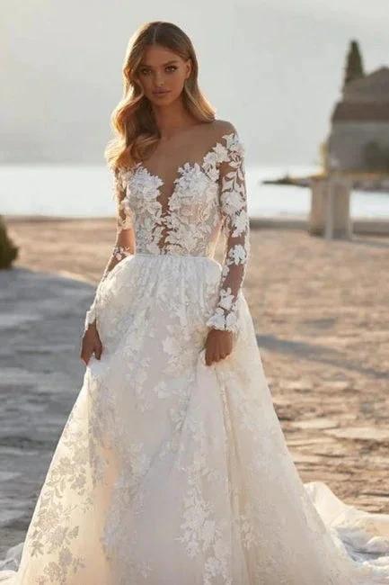 Elegant A-line Lace Appliques Wedding Dresses With Sleeves - Image 3