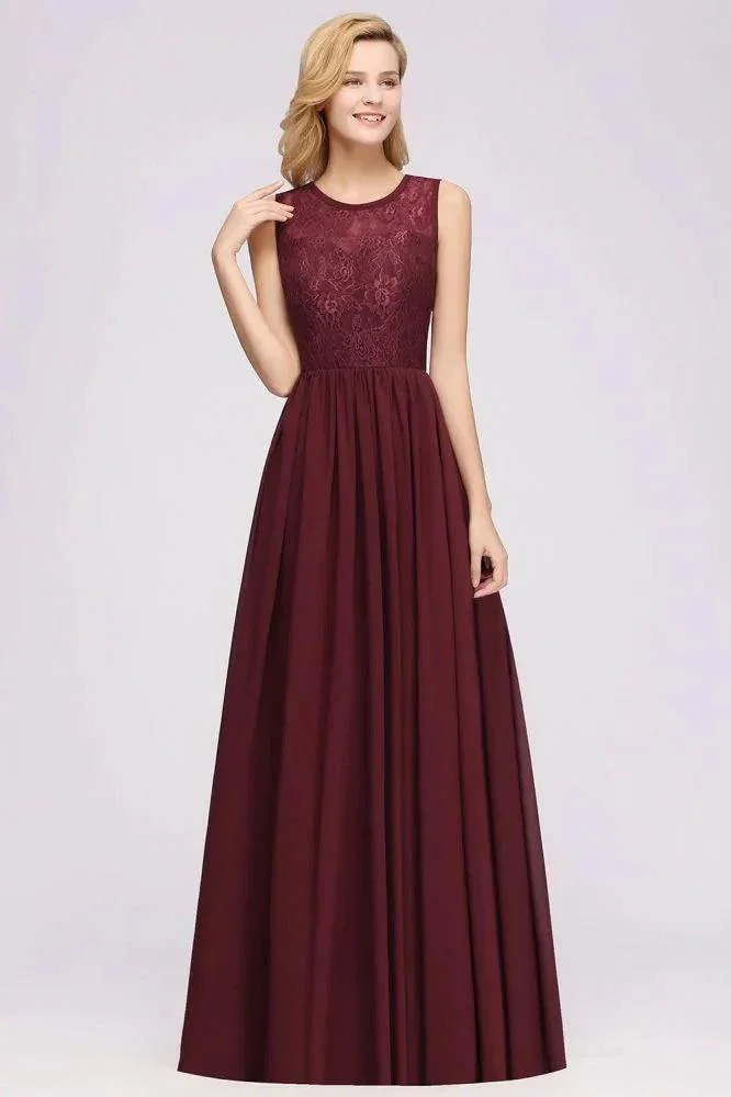 Elegant A-line Lace Sleeveless Bridesmaid Dresses Chiffon Jewel Ruffles Floor-Length Evening Dress with Appliques - Image 2