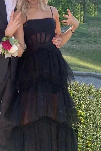 Elegant A-line Layered Tulle Black Prom Dress,Sheer Corset Long Evening Dress,Graduation Dress Y1765 - Image 2