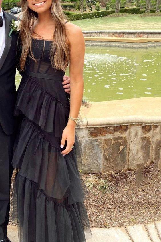 Elegant A-line Layered Tulle Black Prom Dress,Sheer Corset Long Evening Dress,Graduation Dress Y458 - Image 2