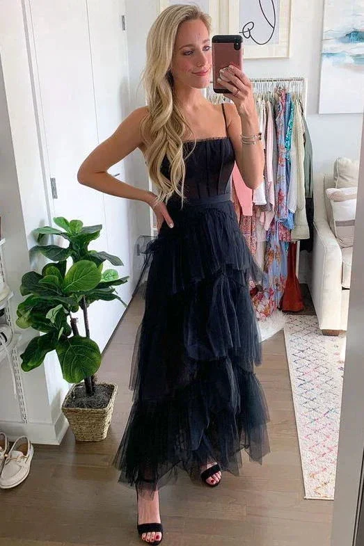 Elegant A-line Layered Tulle Black Prom Dress,Sheer Corset Long Evening Dress,Graduation Dress Y653 - Image 3