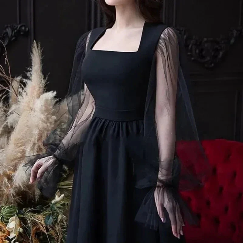Elegant A-Line Long Sleeves Evening Dress Black Simple Square Collar Party Gowns For Women Y4557 - Image 2