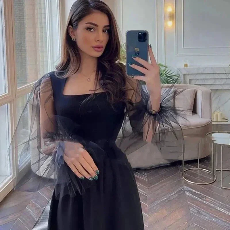 Elegant A-Line Long Sleeves Evening Dress Black Simple Square Collar Party Gowns For Women Y4557 - Image 3