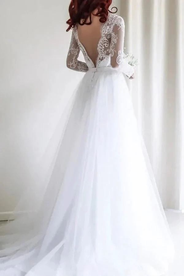 Elegant A-line Long Sleeves White Lace Wedding Dress Bridal Gowns WD112 - Image 2