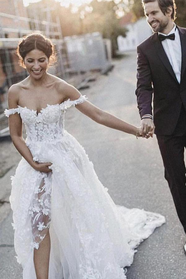 Elegant A-Line Off Shoulder White Tulle Wedding Dress with Appliques  WD337 - Image 3