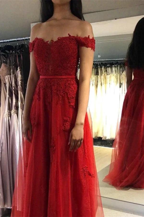 Elegant A-line Off-the-shoulder Tulle Long Prom Dress with Appliques Lace - Image 2